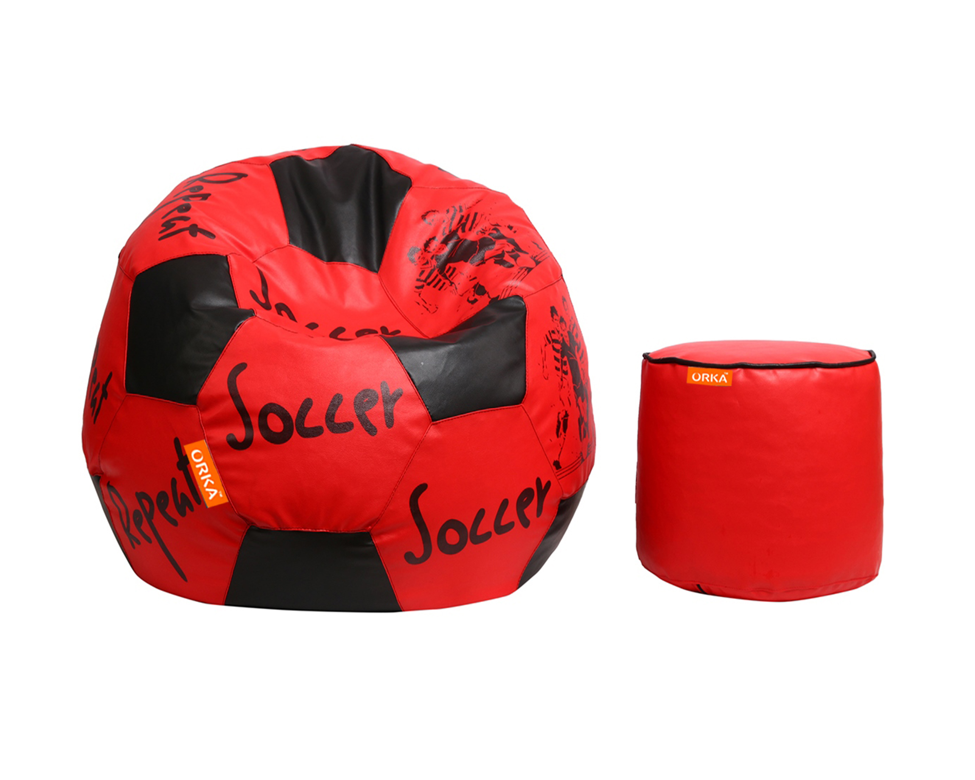 Orka Digital Printed XXL Foorball With Mathching Footstool Filled Bean Bag With Beans (FB14 Red,Black)